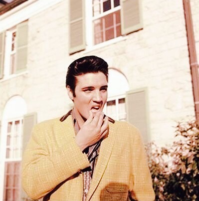 takingcare-of-business:Elvis Presley infront of Graceland c. 1957