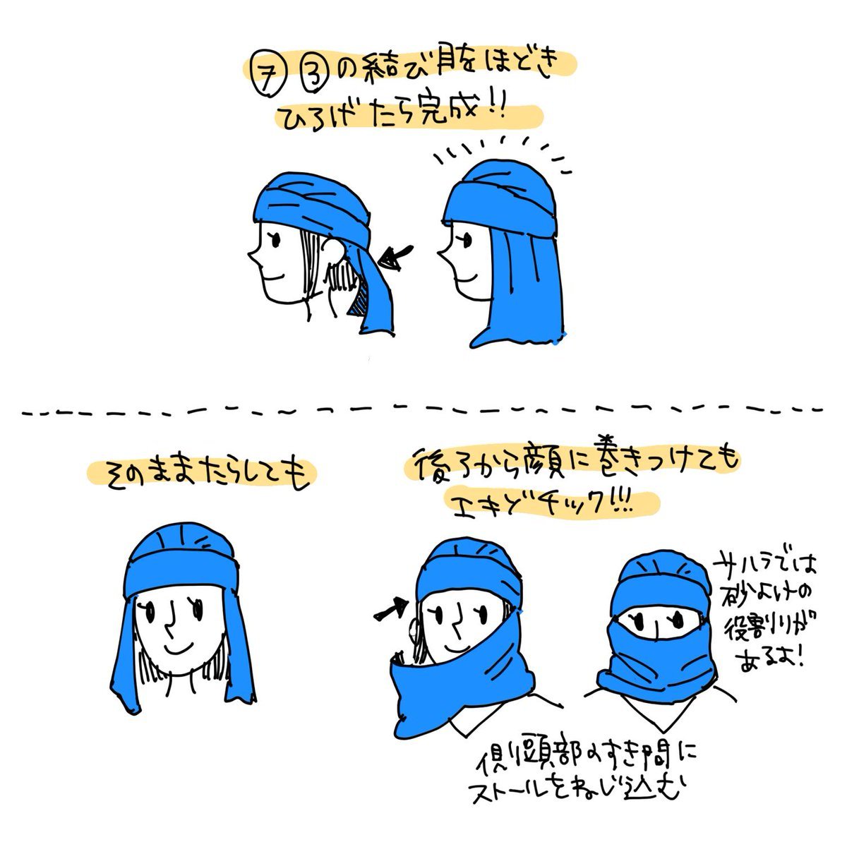 gkojax: セブンさんのツイート: ベルベル人に教えてもらったベルベル巻きのやり方描きました。帽子が無い時に即席帽子にもなると思うし、後ろに布を垂らすと首も涼しい。そして何気にインスタ映えする！😂