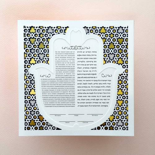 The Hamsa is consistently a favorite motif for a ketubah. Utterly traditional, and so striking, I de