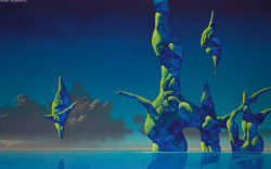 willisninety-six:  Roger Dean (born 1944)  Roger Dean is a British artist best known for creating album artwork for popular progressive bands, such as Yes and Asia. His artwork includes colorful, organic science fantasy landscapes. 