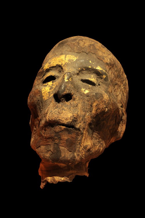 ancientart: Mumified male head. The face is partially covered with gold or electrum. Roman peri