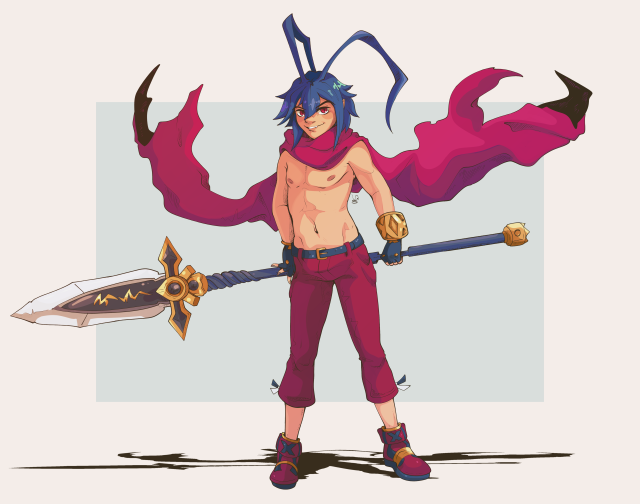 Laharl from Disgaea in a slight modification of his Disgaea D2 design. He wears red three quarter length jeans with small blue and white ribbons at the cuffs, red and black sneakers with gold bands around them, black and gold fingerless gloves, and a large, chunky golden bracelet on his left wrist. Somewhat visible around his neck is a golden choker that matches the bracelet, although it's covered by his red scarf wings, which stretch out behind him. He's grinning, standing proudly and holding a black and gold lance behind his back. The lance is about as long as his entire body.