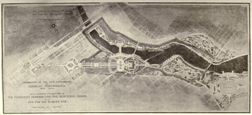 archimaps:Paul Cret’s plan of the projected use of the Fairmount Parkway and Schuylkill River for a 