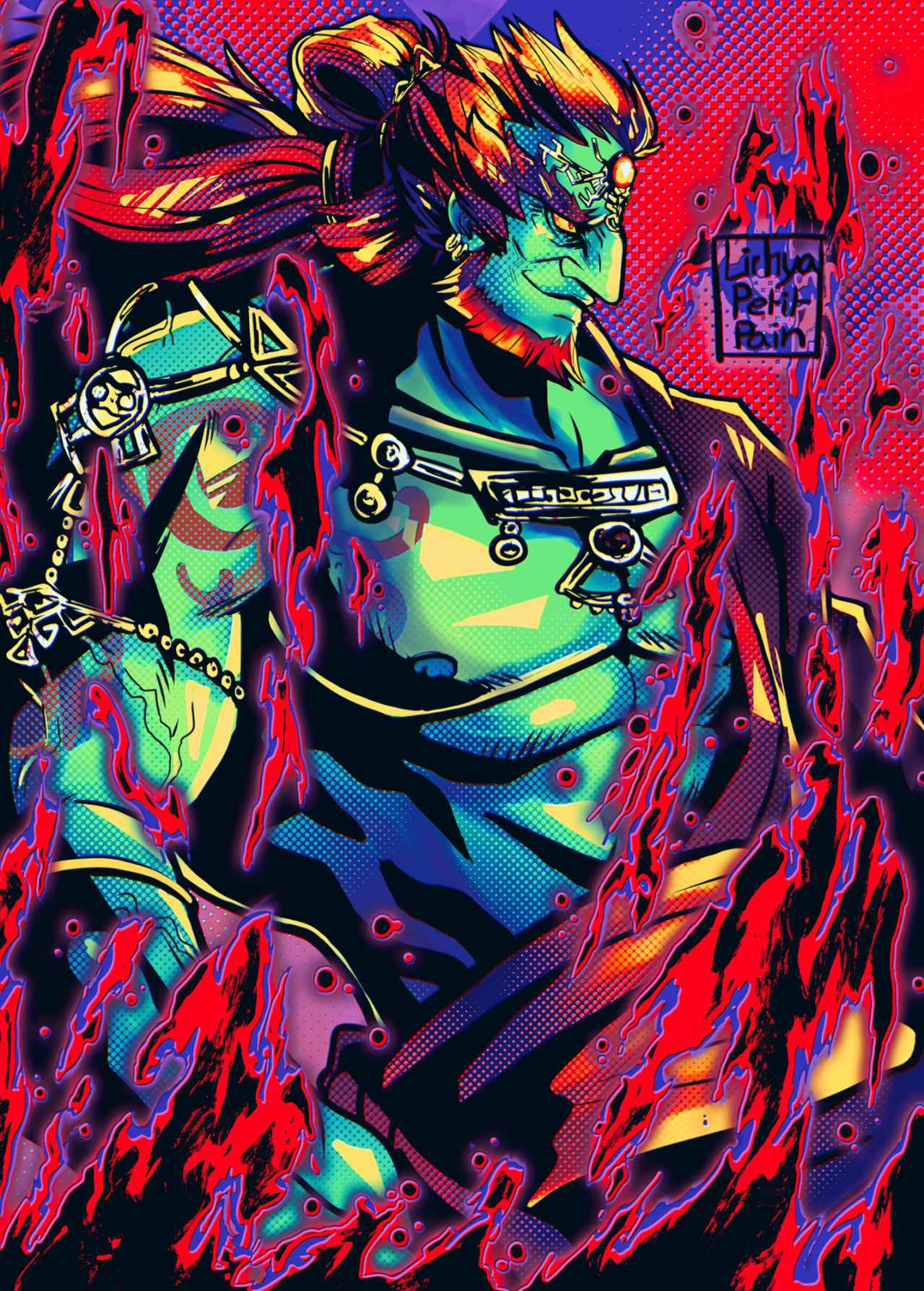 Fanart depicting Ganondorf from Zelda: Tears of the Kingdom, colored in neon.