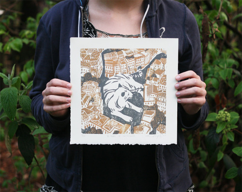 The Cat of Catalonia / 2 color linocut print This illustration was inspired by my travels in Spain a