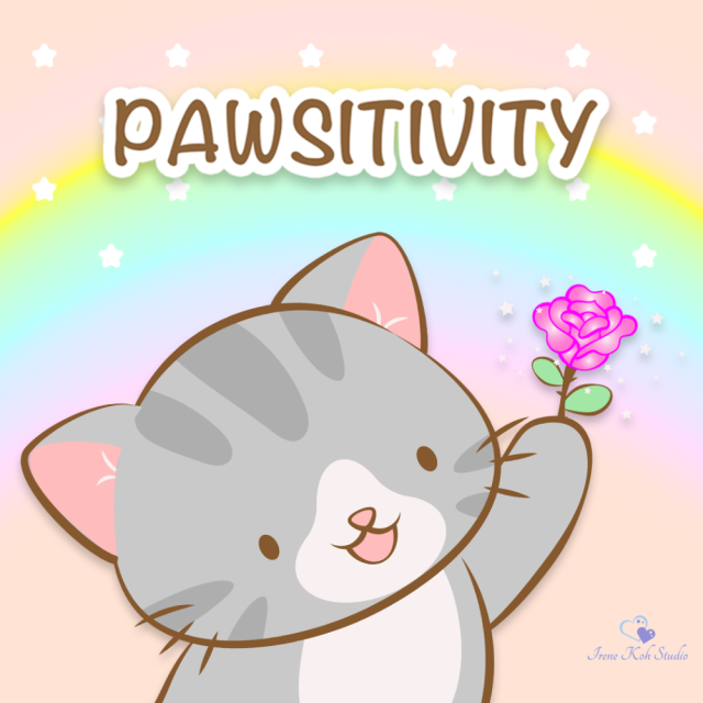Cute illustration of a gray cat holding a flower, with a caption that says PAWSITIVITY