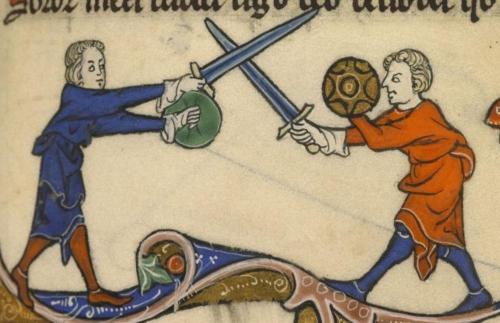 maerenundlobebaeren:Miniatures of sword and buckler fighting (France, 1280-1300)Die obigen Bilder st