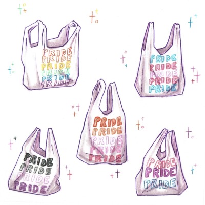 A drawing of five plastic bags. The traditional “thank you” design has been replaced by “pride.” The colors are those of the rainbow, lesbian, bi, trans, and ace flags, respectively. 