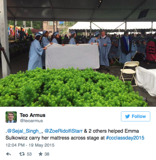 misandry-mermaid:micdotcom:Columbia rape survivor Emma Sulkowicz carried her mattress at graduation 