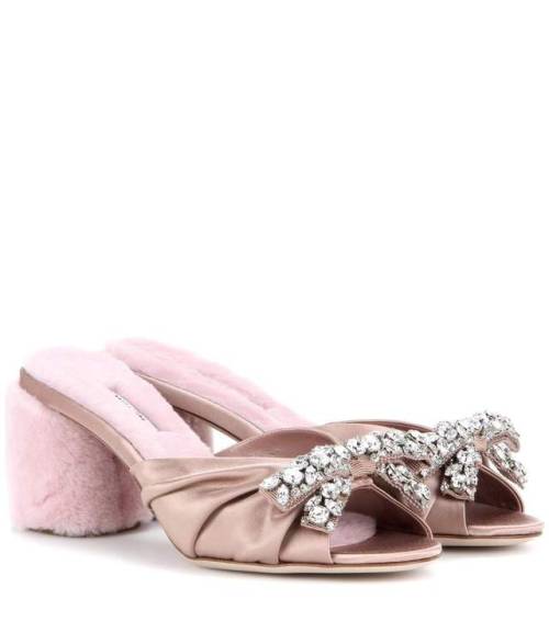 divine-rebel: Miu Miu embellished satin and shearling sandals.
