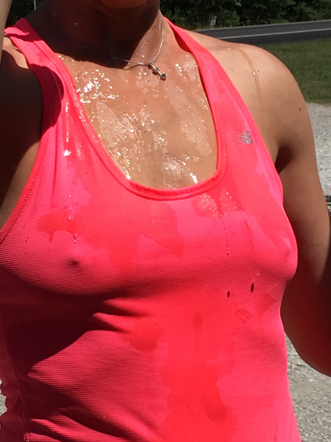 soccer-mom-marie:  It’s too hot for a bra today! Who wants to hose me down??? Happy