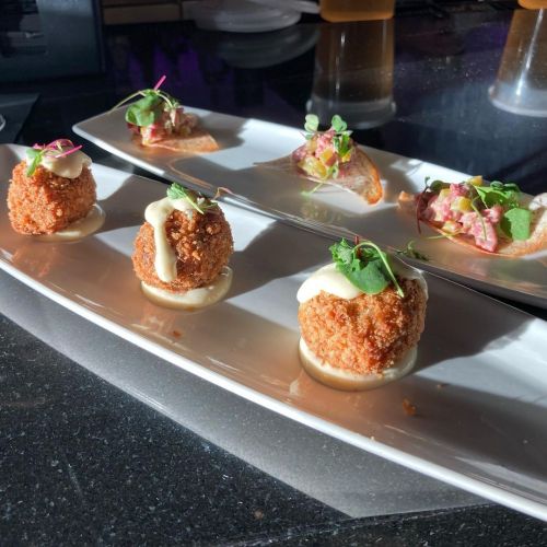 Short rib croquettes with mustard cream & tuna tartare “tacos.” San Diego CA@sandiegostk••• 