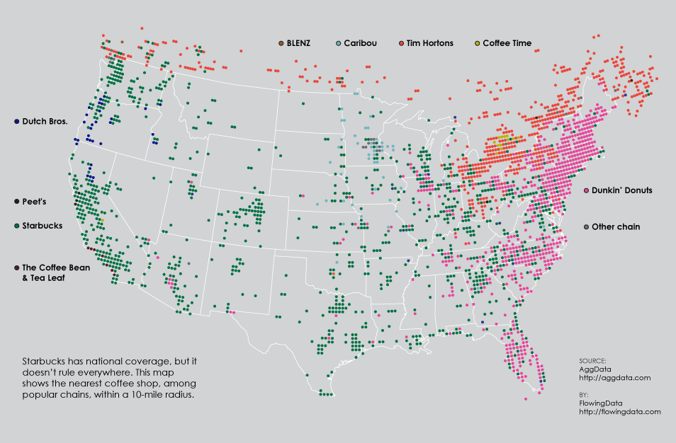 mapsontheweb:  Coffee Shops In America.  Yup. Starbucks and more recently Tim Hortons.