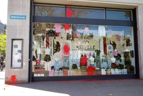 Graffiti and vandalism against corporate targets during the 2019 May day demo in Zurich, Switzerland