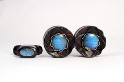 heartonsleevejewelry:  1 inch ebony, labradorite, and brass settings 15 mm black nephrite with labradorite 