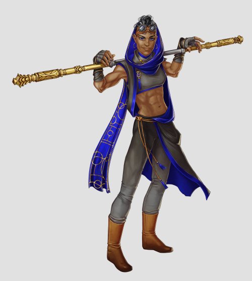 Beauregard Lionett in a bright purple hood and holding a long staff over her shoulders.