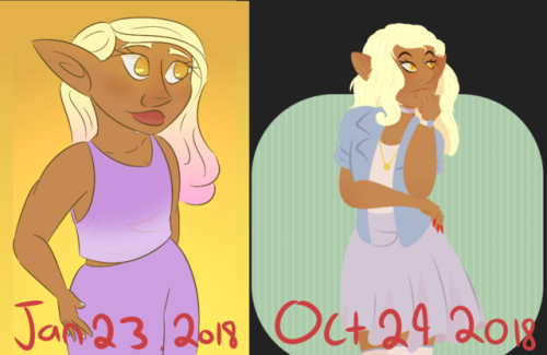 shyyren: oh fuck! 10 months improvement! [ID: two digital drawings of Lup side by side, in both she 