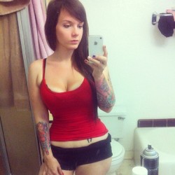 actionsworld:  A few weeks ago, my first #whitegirlwednesday post 💆(This is what you do when you are sick) #inkedgirls #girlswithtattoos #longdarkhair #hourglass #ladyinred