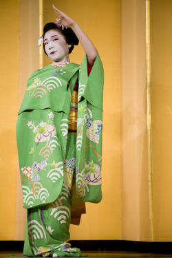 geisha-kai:   Maiko Ayako dancing in August 2012 by Freddy Monteiro on Flickr Her summer kimono is painted in bellflowers, maple leaves and colorful hats. 