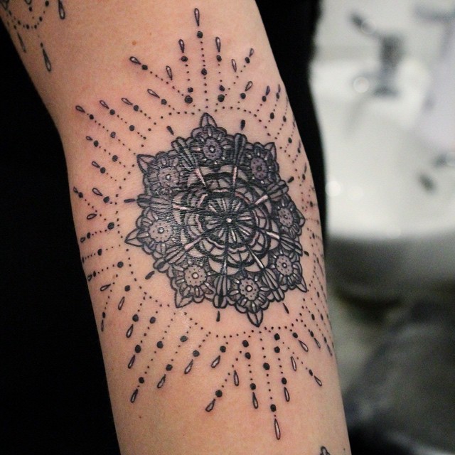 Dotwork Inner Elbow Tattoo With 3D Geometric Patterns | Adorned Tattoo