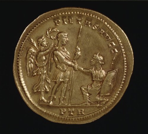 artofthedarkages:A medallion with a bust of the Roman emperor Constantius Chlorus holding a consular