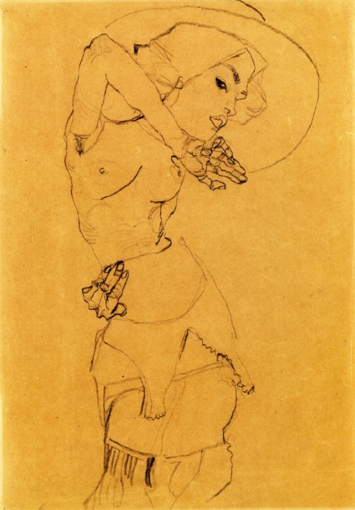 greedylittlepig:ericpenington:Egon Schiele, Standing Nude with Large Hat (Gertrude Schiele), charcoa
