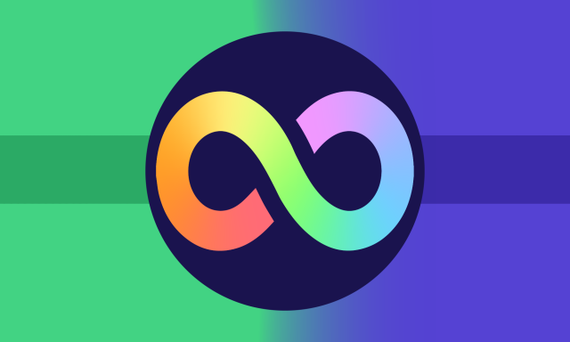 A dark blue flag with a symbol in the middle. A large navy blue circle is in the middle, inside there is a pastel rainbow infinity symbol. The flag is made up of three horizontal bands, the middle one being much smaller. In the middle of the flag there is a gradient from left to right where all the colors of the lines change. They are turning (left) from lime, teal, lime to pastel navy blue, navy blue, pastel navy blue (right).