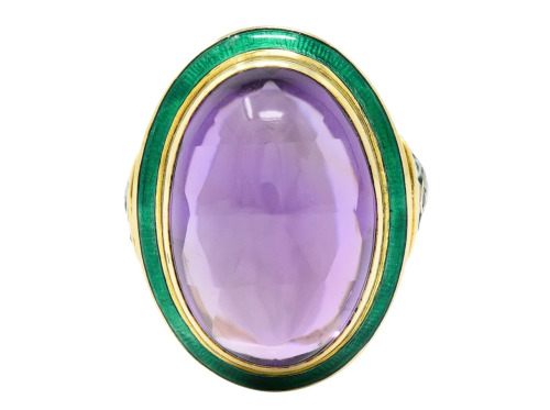 Antique 18k Yellow Gold Egyptian Revival Amethyst and Enamel Ring