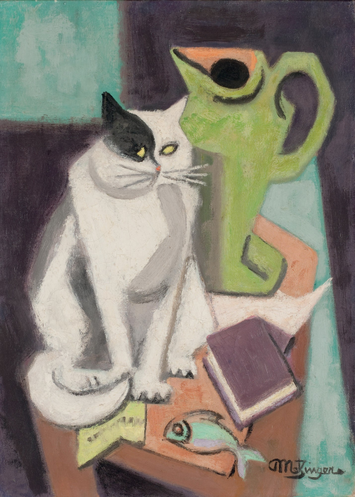 lawrenceleemagnuson:Jean Metzinger (1883-1956) Chat et poisson (c. 1950)oil on canvas 33 x 24.1 cm