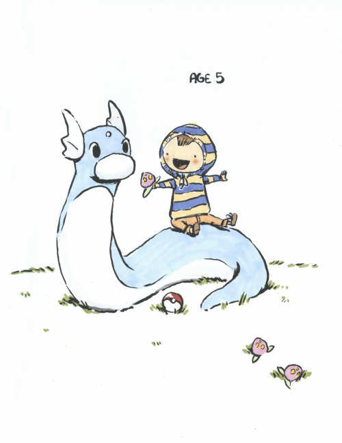 caityhallart:  This commission was so much fun to do! Thanks to Dylan for ordering it! Dylan with his dream pokemon Dratini throughout their lives. 