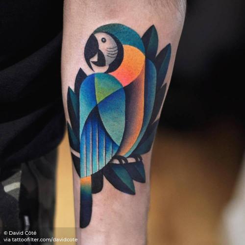 By David Côté, done in Montreal. http://ttoo.co/p/35612 animal;bird;contemporary;davidcote;facebook;inner forearm;medium size;parrot;twitter