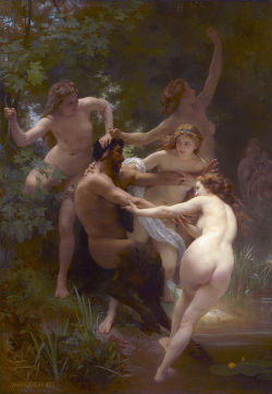 historyfilia:    Nymphs and Satyr, by artist William-Adolphe Bouguereau in 1873.  According to the Clark Institute, in the painting “a group of nymphs have been surprised, while bathing in a secluded pond, by a lascivious satyr. Some of the nymphs