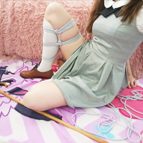 mastermhatter:  Seriously could @bunnylittles be any cutter?? Right down to the shoes, she is rocking this school look tied up with a cane! For an overload in cutness check out her account. tied here in #MMHRope bamboo #ddbg #bdsmkawii #shibari #ageplay