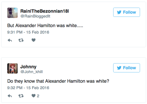 micdotcom:Looks like some people didn’t get the memo about Hamilton having a mostly nonwhite cast — 
