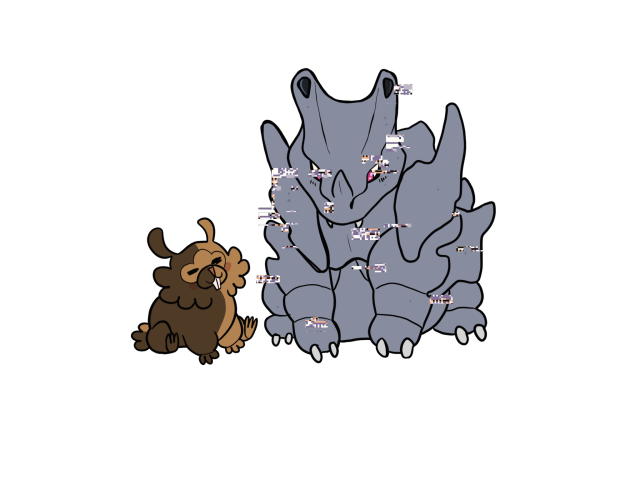 A chimera bidoof and a rhyhorn with glitchy artifacts on its body hanging out. 