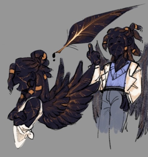 3 more sketches. The first is a black feather with gold veining. The second is a profile of Israfel with his wings splayed out behind him. The third shows Israfel flipping someone off while looking disinterested, wearing a white leather jacket over a sweater and jeans.