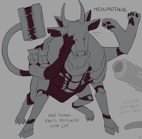 the next cat doodle is of the minotaur, labeled the "meownotaur". all of its human features, such as its back legs and extra arms, are replaced with cat-like paws instead. its hammer, with the panopticon on top, is now redesigned to be its tail. it is also given extra cat ears and whiskers, as it holds its face with its right paw
