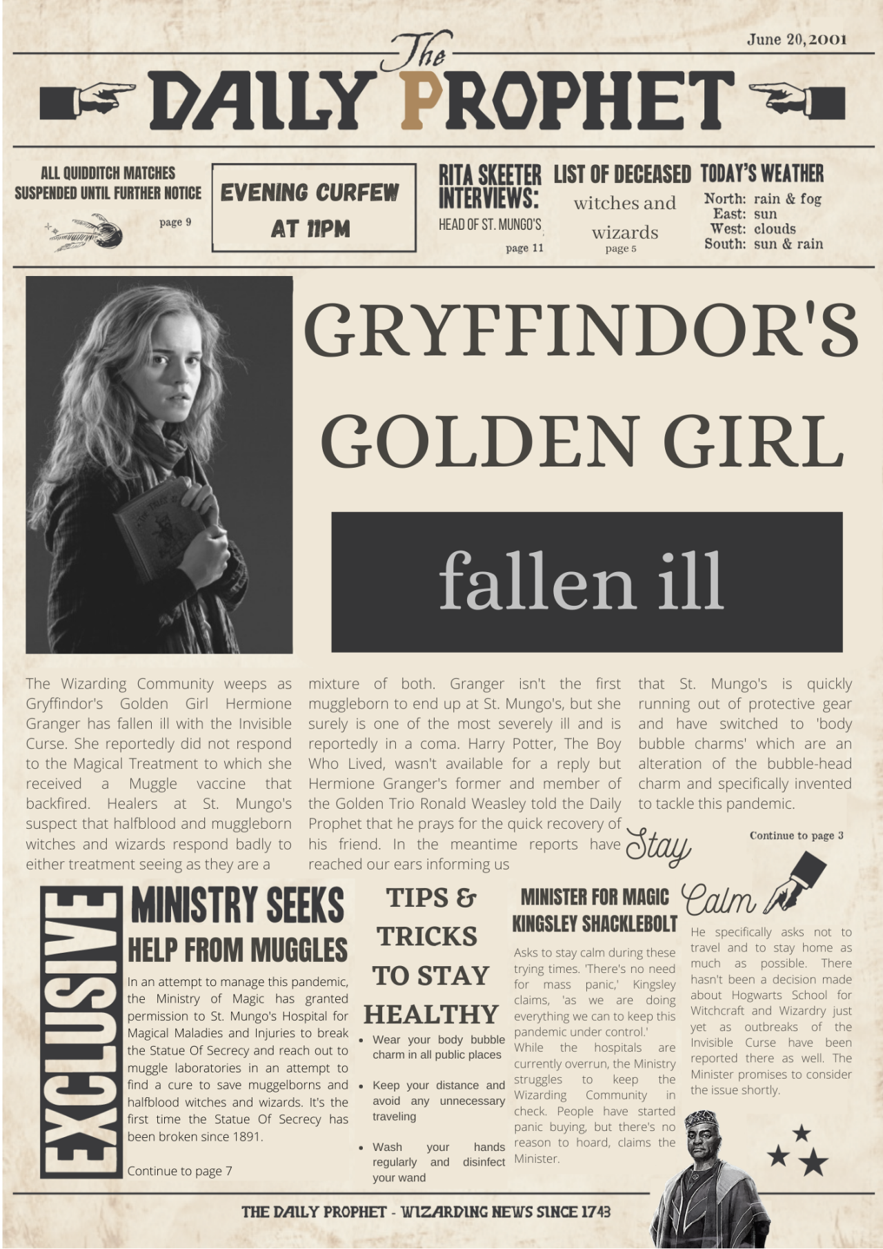 a cover of the Daily Prophet informing the Wizarding Community that Hermione has fallen ill from Covid