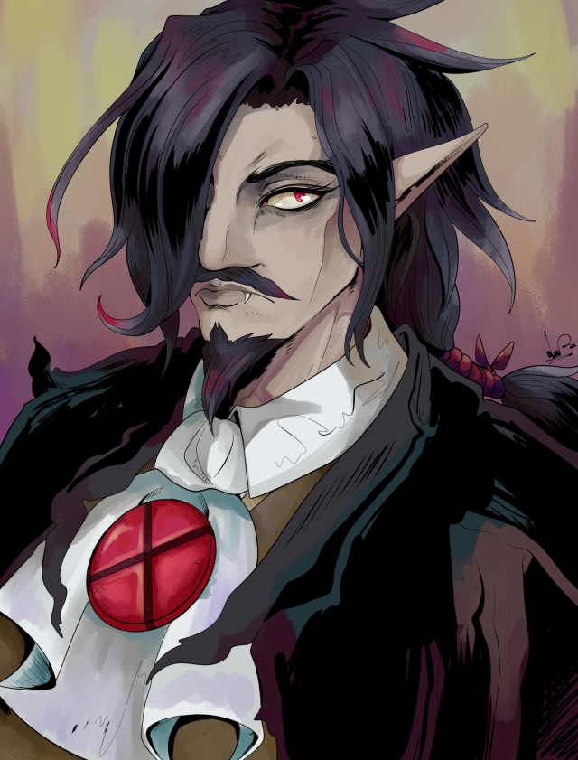 A bust of Tyrant Valvatorez from Disgaea. His expression is serious and neutral, one eye covered by his hair as his other stares directly at the viewer. One of his fangs pokes over his lip. He has a long, thick moustache and a wispy goatee.