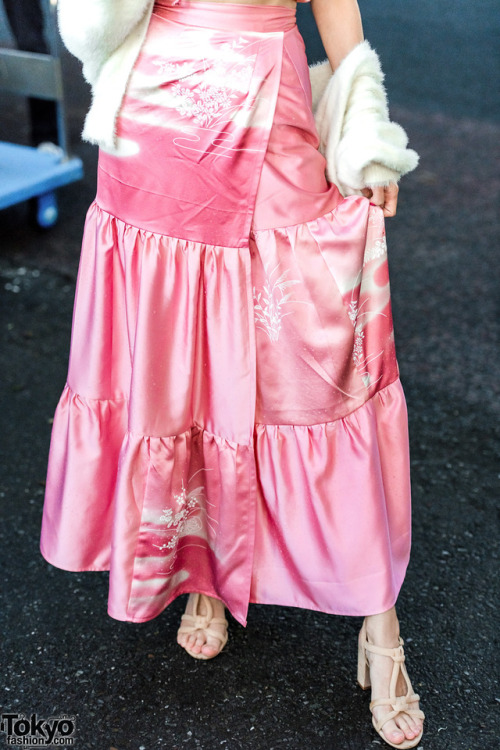 Tokyo-based Australian fashion designer Manon on the street in Harajuku wearing a matching pink ruff