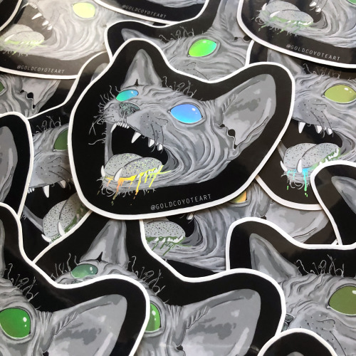 New holographic sphynx cat stickers in my store! Eyes, drool, and spots on tongue and nose shine mul