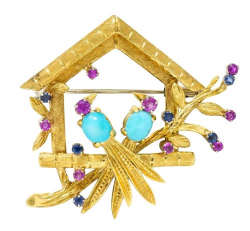 Gold, ruby, sapphire, and hardstone birdhouse pendant brooch, c. 1960s (at Wilson’s Estate Jewelry)