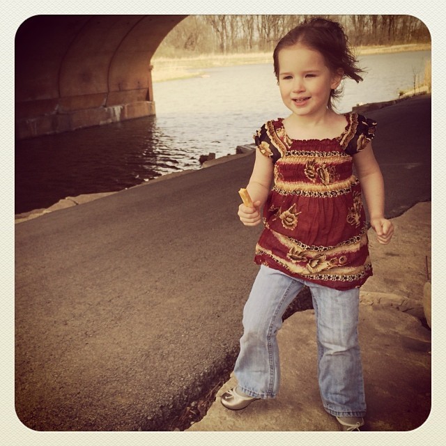 Windy walk at the park, showcasing Carrie’s gift from Tanzania. We couldn’t bear to outgrow the dress so it became a shirt!