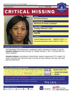 lagonegirl:    Critical Missing: Demetria Carthens, 17, last seen 2/7 in 200 block of I St, SE. Last seen wearing thin blue coat, black jeans and boots.      REBLOG to help   Thousands and thousands of young black girls and women are missing all over