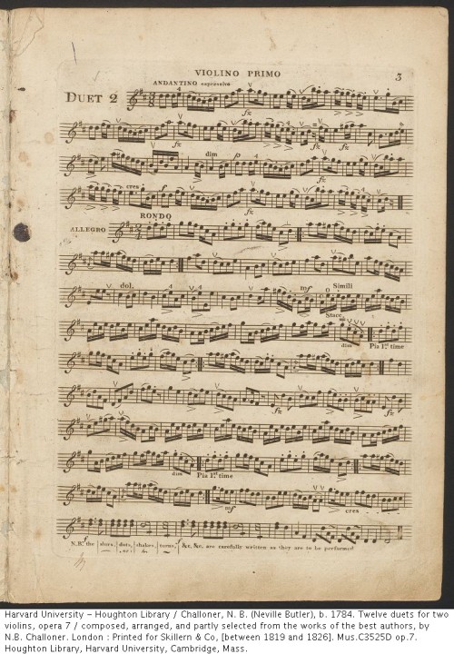 Two separate volumes of sheet music, intended to be played together by two violinists.Challoner, N. 