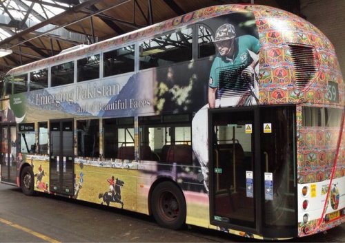  Double-Decker buses in London showing colours of Emerging Pakistan. 