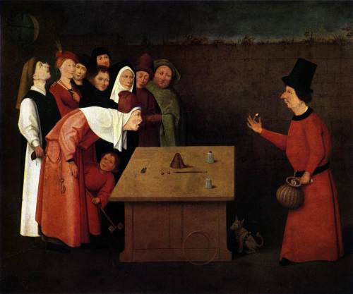 The Conjuror, Painted by Hieronymous Bosch in the 15th century.Note that the conjuror has a partner 