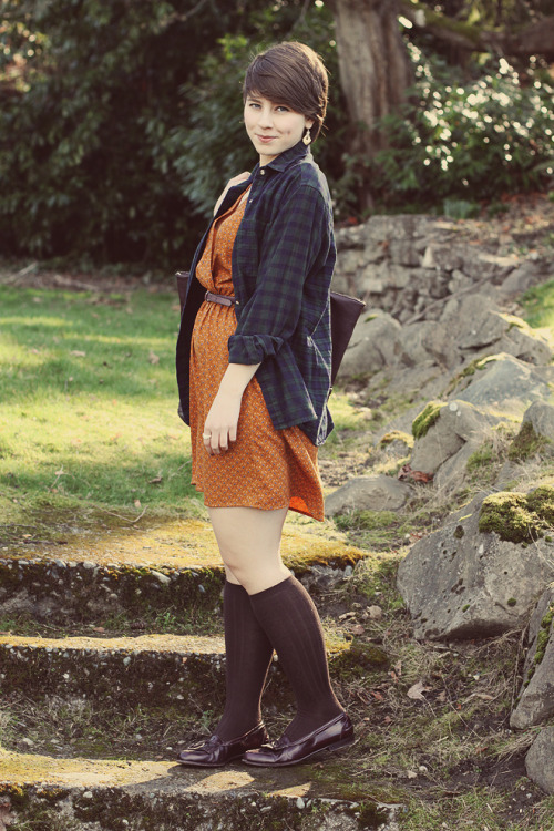 Brown knee high socks with orange dress and dark blue checkered shirt