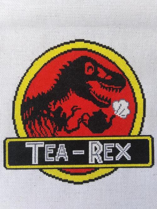 crossstitchworld:Tea Rex by dtmander. (source)DIY Tea Rex Pattern on Etsy Find the pattern by Stitch