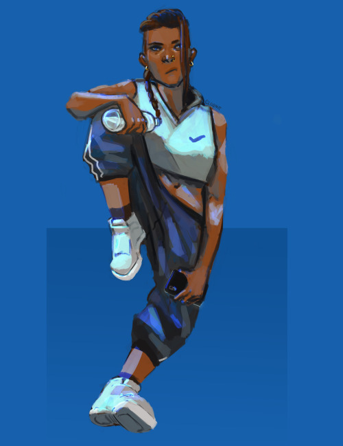 sevenredrobes: elluzant: athleisure [ID: Fanart of Beau against a blue background, posed as if sitti